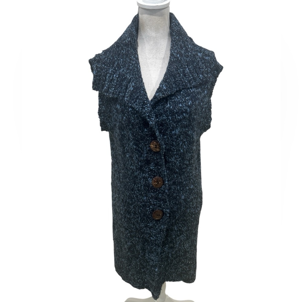Chico's Deep Blue Textured Knit vest Sweater contrast brown buttons size large